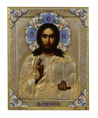 Lot 9 - A parcel-gilt and cloisonné enamel icon of Christ Pantocrator