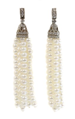 Lot 231 - A pair of Continental cultured freshwater pearl and diamond tassel earrings