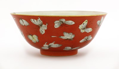 Lot 122 - A Chinese coral-ground famille rose bowl