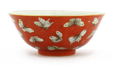 Lot 122 - A Chinese coral-ground famille rose bowl