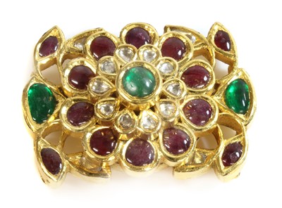 Lot 180 - An Indian high carat gold emerald, diamond and ruby five row necklace centrepiece