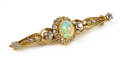 Lot 106 - A Victorian opal, diamond and split pearl gold bar brooch