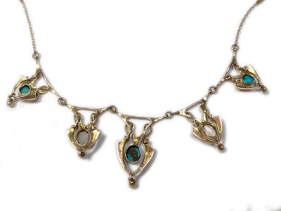 Lot 16 - An Art Nouveau, gold, turquoise and opal necklace