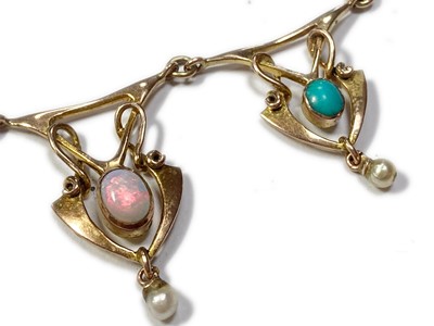 Lot 16 - An Art Nouveau, gold, turquoise and opal necklace
