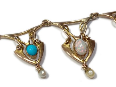 Lot 16 - An Art Nouveau, gold, turquoise and opal necklace