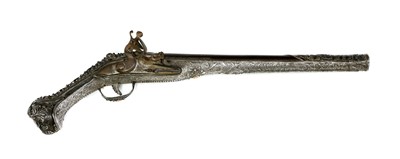 Lot 956 - A Turkish silver-mounted flintlock pistol
