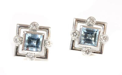 Lot 330 - A pair of 18ct white gold aquamarine diamond stud earrings, c.2000