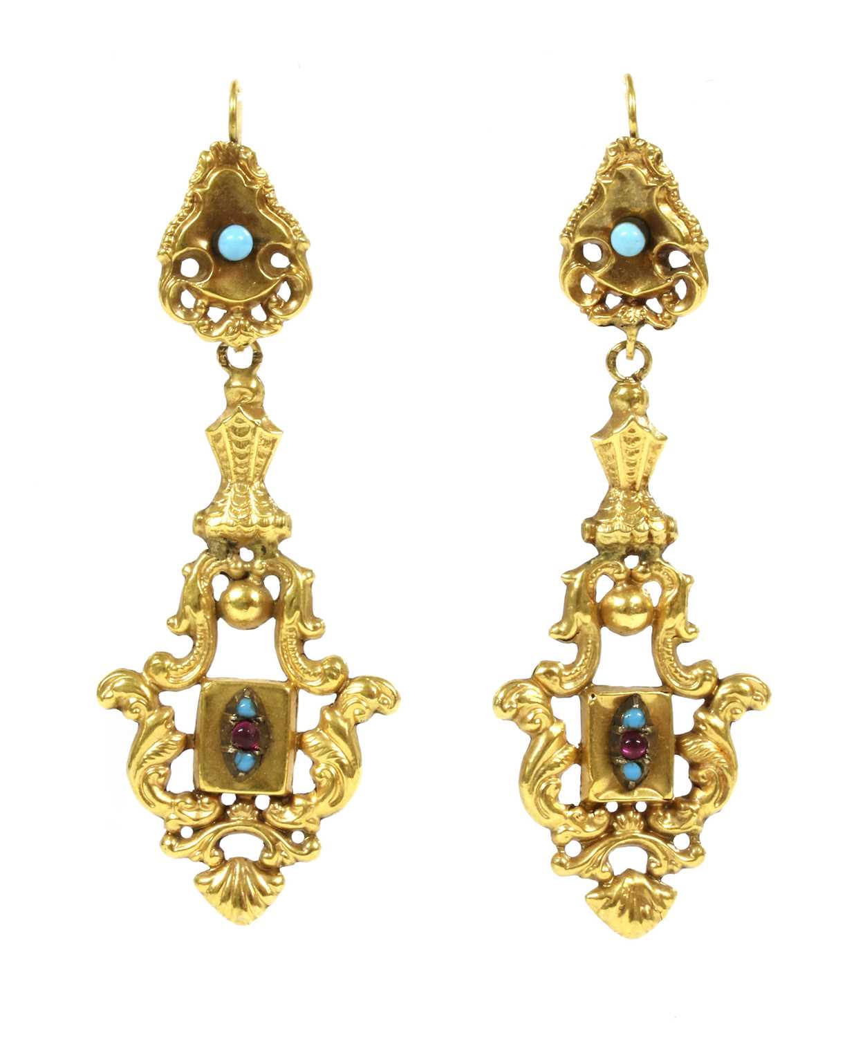 Lot 23 - A pair of early Victorian gold repoussé rococo-style drop earrings
