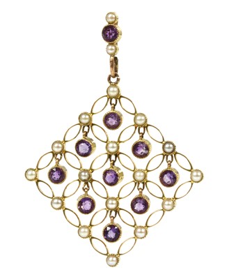 Lot 94 - An Edwardian amethyst and split pearl pendant, c.1910