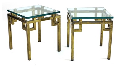 Lot 359 - A pair of glass and brass side tables