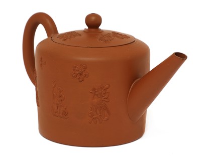 Lot 154 - A Staffordshire redware small cylindrical teapot and cover