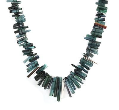 Lot 206 - A platinum contemporary green tourmaline and diamond graduated necklace by Cox & Power