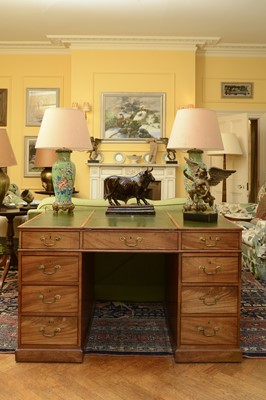 Lot 83 - A strung mahogany twin pedestal partners' desk