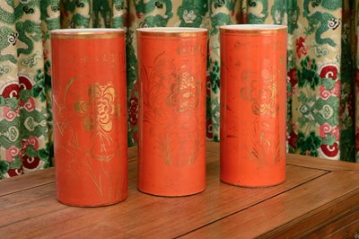 Lot 359 - A pair of Chinese porcelain cylinder vases