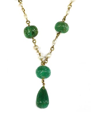 Lot 121 - A late Victorian carved emerald and pearl necklace