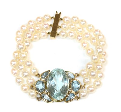 Lot 208 - A 9ct gold aquamarine and cultured pearl bracelet, by Cassandra Goad, c.1998