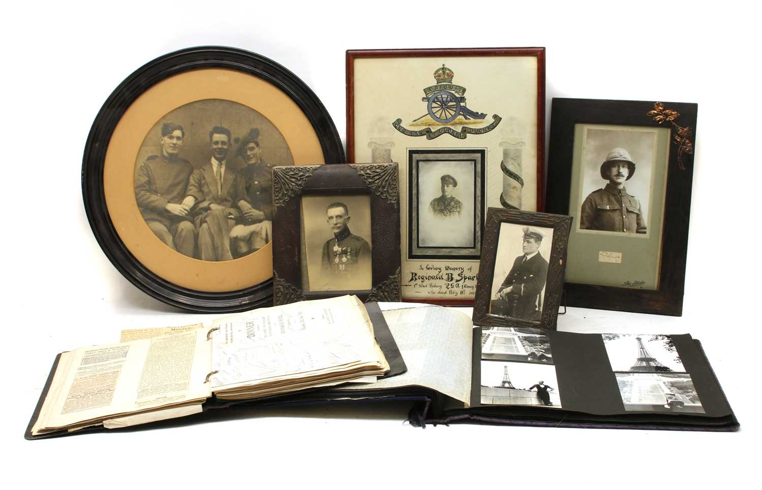 Lot 1 - A quantity of framed WWI photographs of soldiers and fretwork search light scene