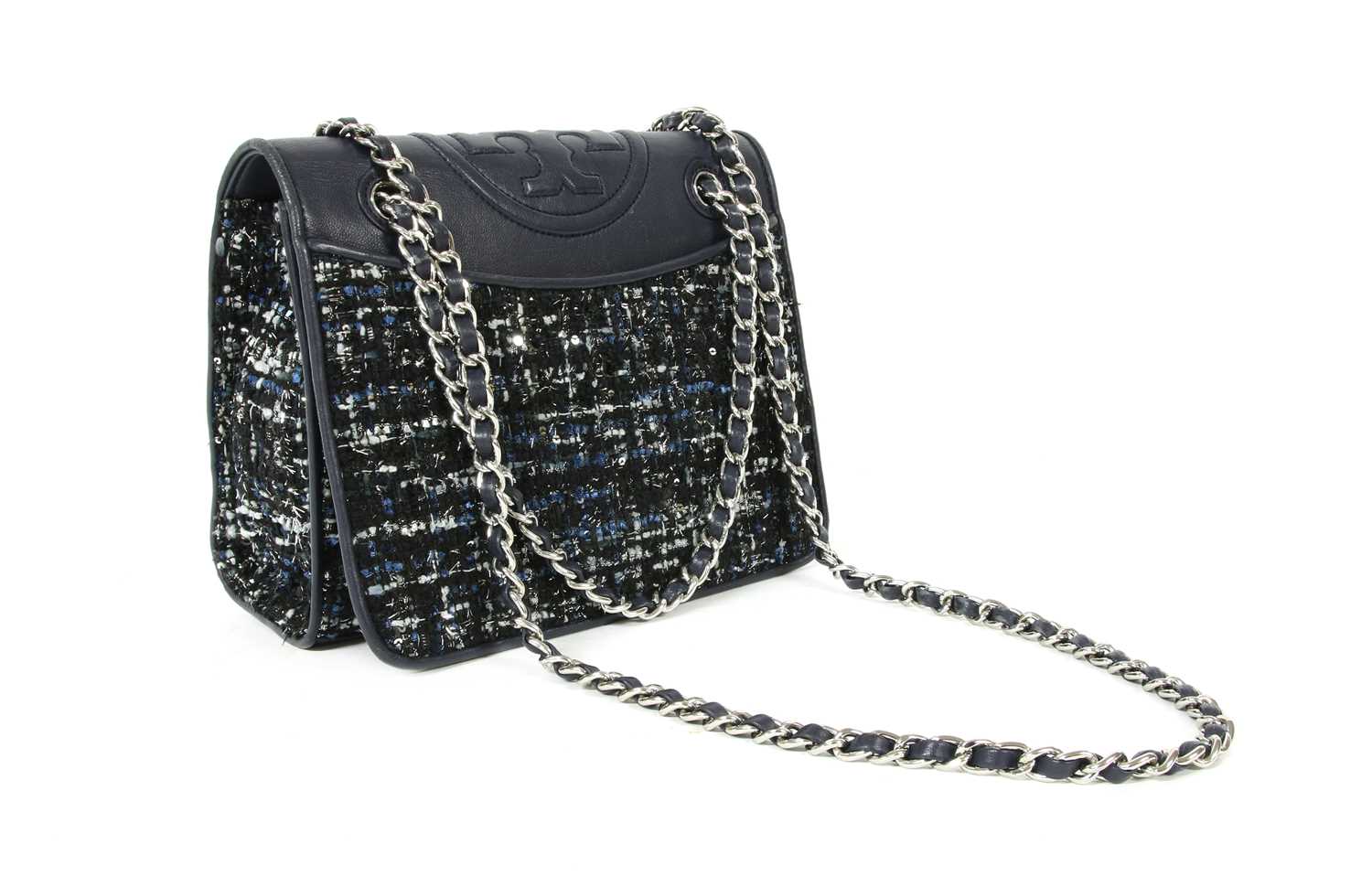 Lot 64 - A Tory Burch blue leather and tweed 'Fleming' bag