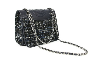 Lot 64 - A Tory Burch blue leather and tweed 'Fleming' bag