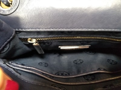 Lot 64 - A Tory Burch blue leather and tweed 'Fleming' bag