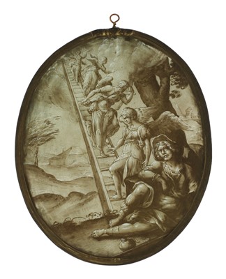 Lot 384 - A Schwarzlot glass oval panel