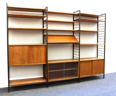 Lot 288 - A Staples' teak and satin black metal Ladderax three-section modular wall unit