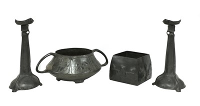 Lot 75 - A pair of Art Nouveau Kayserzinn pewter candlesticks