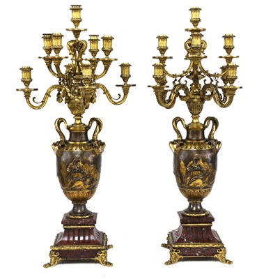 Lot 10 - A pair of marble, gilt and patinated bronze candelabra