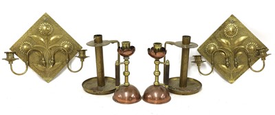 Lot 21 - A pair of Aesthetic engraved brass wall lights