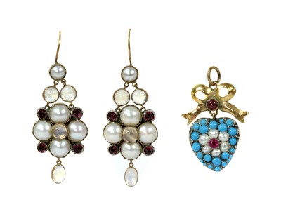 Lot 24 - A pair of gold and silver, moonstone, split pearl and garnet earrings