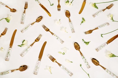 Lot 295 - A part canteen of Royal Copenhagen 'Flora Danica' porcelain and silver-gilt cutlery
