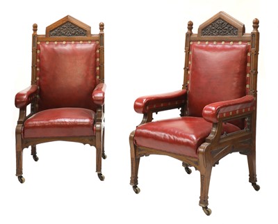Lot 122 - A pair of large Victorian oak Gothic throne chairs