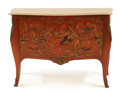 Lot 385 - A Louis XV style japanned red serpentine commode