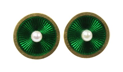 Lot 156 - A pair of gold pearl and guilloché enamel earrings