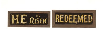 Lot 38A - Two reverse painted glass and mother of pearl church signs