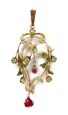 Lot 25 - A Russian gold demantoid garnet and synthetic ruby pendant