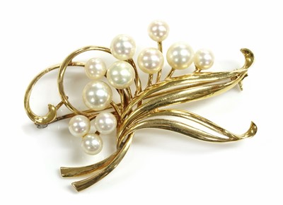 Lot 218 - A gold and cultured pearl spray brooch, by Mikimoto