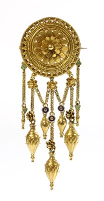 Lot 84 - A gold enamel archaeological revival Etruscan style fringe brooch, by Fortunato Pio Castellani, c.1860
