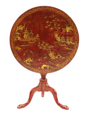 Lot 724 - A George III scarlet lacquered and gilt chinoiserie tripod table