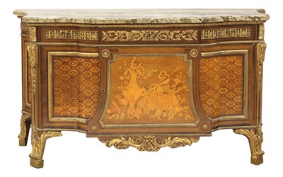 Lot 4 - A Louis XVI-style inlaid, parquetry and mahogany marble top commode