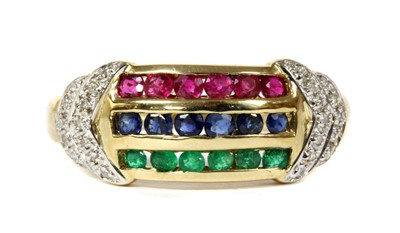 Lot 137 - A 9ct gold ruby, sapphire, emerald and diamond ring