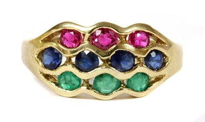 Lot 138 - A 9ct gold ruby, sapphire and emerald ring