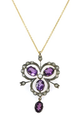 Lot 159 - A silver amethyst, split pearl and diamond pendant