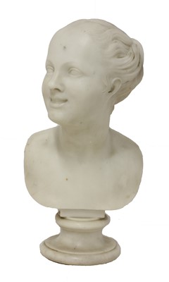 Lot 2 - A white marble bust of a smiling young girl