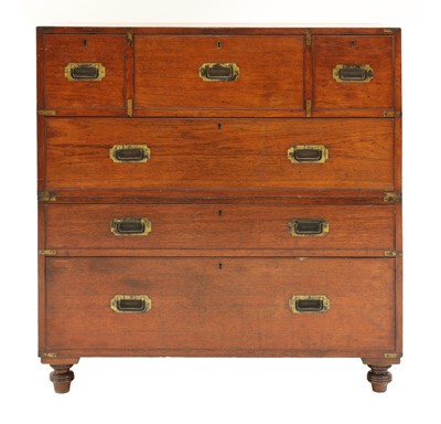 Lot 932 - A Victorian teak and brass-bound campaign secretaire chest