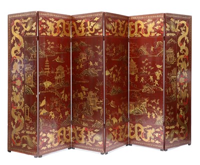 Lot 970 - A large Chinese six-fold red-lacquered screen