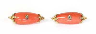 Lot 108 - A pair of cased Victorian coral and diamond brooches