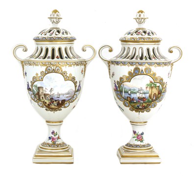 Lot 92 - A pair of Dresden urn vases and covers