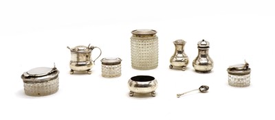 Lot 48 - Silver items, comprising a three piece cruet set by Atkin Brothers (HA) Sheffield 1919
