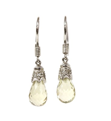 Lot 199 - A pair of white gold lemon quartz and diamond drop earrings